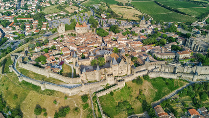 Aerial top view of Carcassonne medieval city and fortress castle from above, Sourthern France
