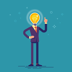 Businessman in formal suit with light bulb instead of his head and a raised finger up. Idea concept. Modern vector illustration in flat style.