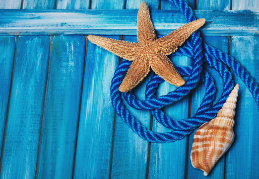 Beautiful summer sea background. Blue wooden boards, blue decorative rope, seashells.