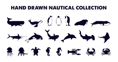 Naklejka premium Hand drawn textured nautical fish vector illustrations set.