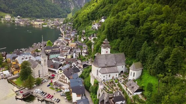 aerial drone video of the amazing Hallstatt village