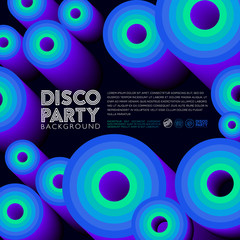 Disco composition. Poster or card. Colored circles and letters on a dark background.