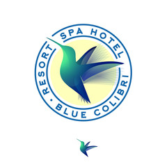 Resort and spa hotel. Blue colibri. Humming-bird emblem.