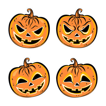 Set of four halloween pumpkins. Collection emotions, scary and funny pumpkins faces. Vector illustration.
