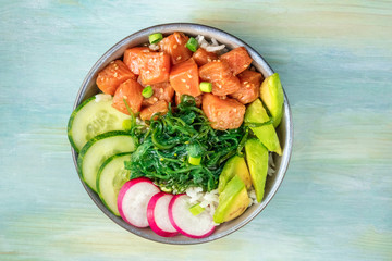 Hawaiian salmon poke salad with copy space