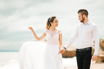 Fototapeta na wymiar young couple groom with the bride on a sandy beach