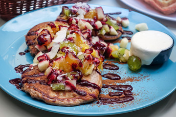 delicious pancake stack with honey