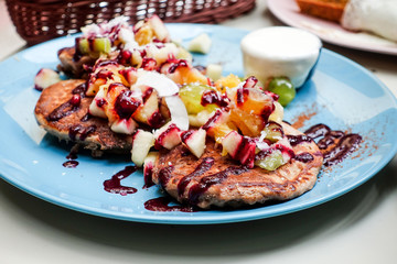delicious pancake stack with honey