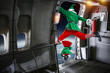 green elf in airplane jumpping 