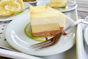 Close up japanese pudding bavarois cake on white plate background.