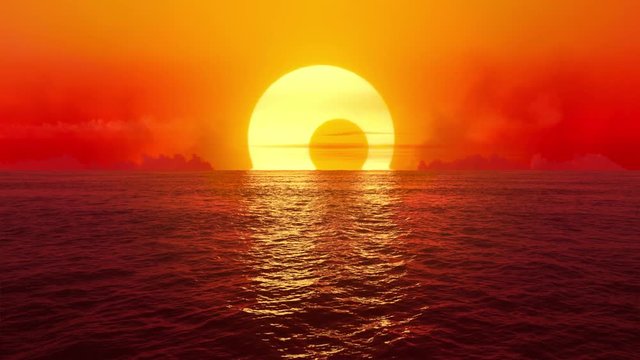 Sunset and solar eclipse over seamlessly looped ocean. 