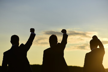 Silhouettes of men putting their fists up. Victory and success