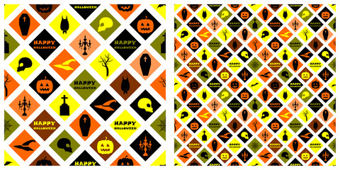 Seamless of Halloween pattern on transparent background. Single pattern is shown in the left. The example of assembly seamless is shown in the right.  