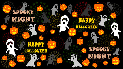Halloween background. Many ghosts and pumpkin monsters  are celebrating the Halloween night in the background of dark scene and firework.