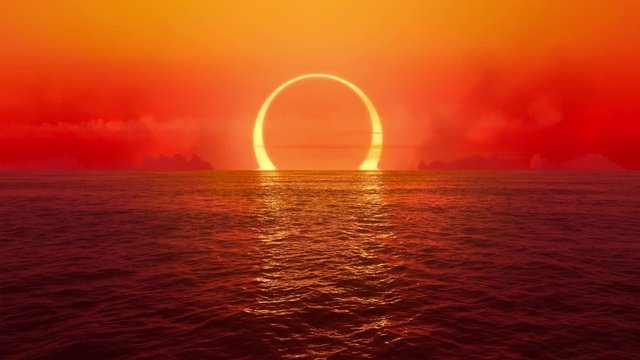 Sunset and solar eclipse over seamlessly looped ocean. 