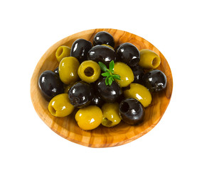 black and green olives in a wooden bowl
