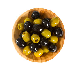 black and green olives in a wooden bowl