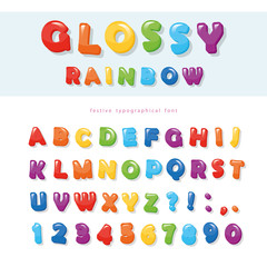 Glossy rainbow colored font design. Festive ABC letters and numbers.