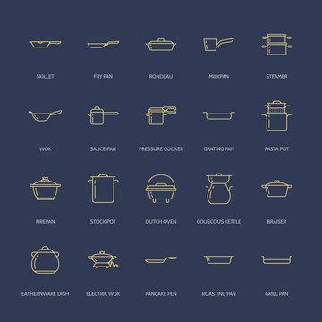 Pot, pan and steamer line icons. Restaurant professional equipment signs. Kitchen utensil - wok, saucepan, eathernware dish. Thin linear signs for commercial cooking store.