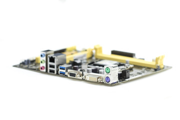Image of Computer Motherboard on a white background. Equipment and computer hardware