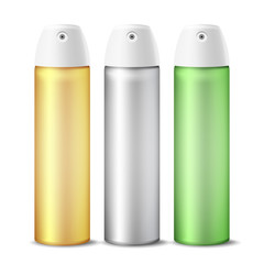 Realistic Air Freshener Spray Can Vector. Aluminium Can Template Blank. Hairspray, Deodorant. 3D Packaging. Template For Mock Up. Isolated Illustration
