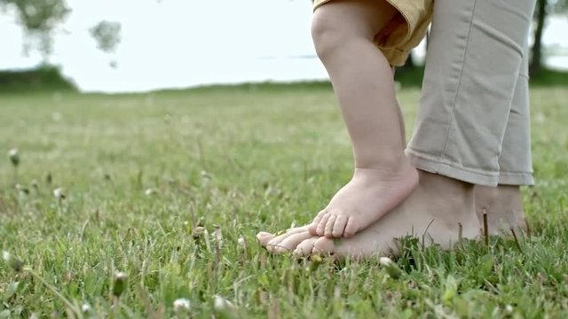 Tracking with low-section of cute baby boy standing on feet of unrecognizable mother walking on green grass