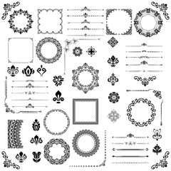 Vintage set of vector horizontal, square and round elements. Different elements for decoration design, frames, cards, menus, backgrounds and monograms. Classic patterns. Set of vintage monochrome