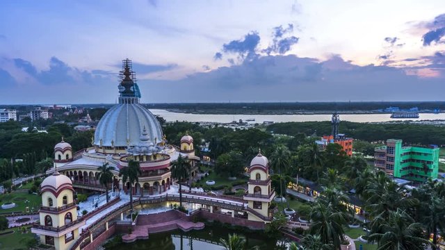 Hare Krishna temple in Mayapur, Bengal, sunset 4k time-lapse, Srila Prabhupada samadhi mandir