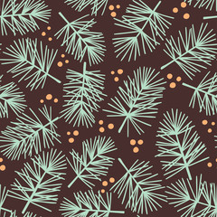 Fototapeta premium Fir tree branch seamless pattern, winter background