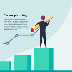 Career planning. Businessman draws graph of growth standing at stairs steps. Concept of career growth.