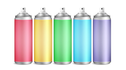 Colorful Spray Can Set Vector. 3D Aluminium Bottles. Paint Aerosol For Street Graffiti. Branding Design. 3D Packaging. Mock Up. Isolated Illustration
