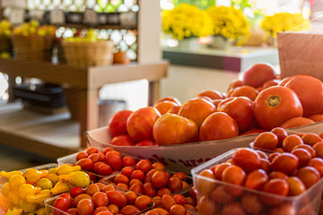 Farmers Market with vegetables sun rays