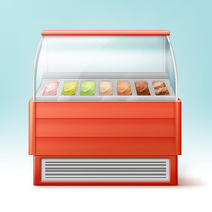 Obraz premium Vector red fridge for ice cream with variety of flavors isolated on light blue background