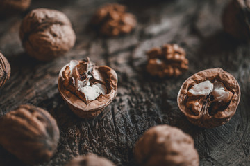 walnuts on a wooden rustic table