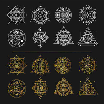 Set of gold and white sacred symbols on black background . Vector elements .