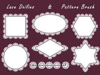 Set of lace napkins different shapes and patterned brush.White element for design isolated on a dark background.