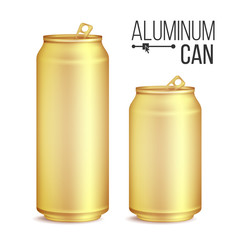 3d Cans Set Vector. Gold, Yellow Can. Beer, Lager, Alcohol, Soft Drink, Soda. 500 And 300 ml. Isolated On White Background Illustration