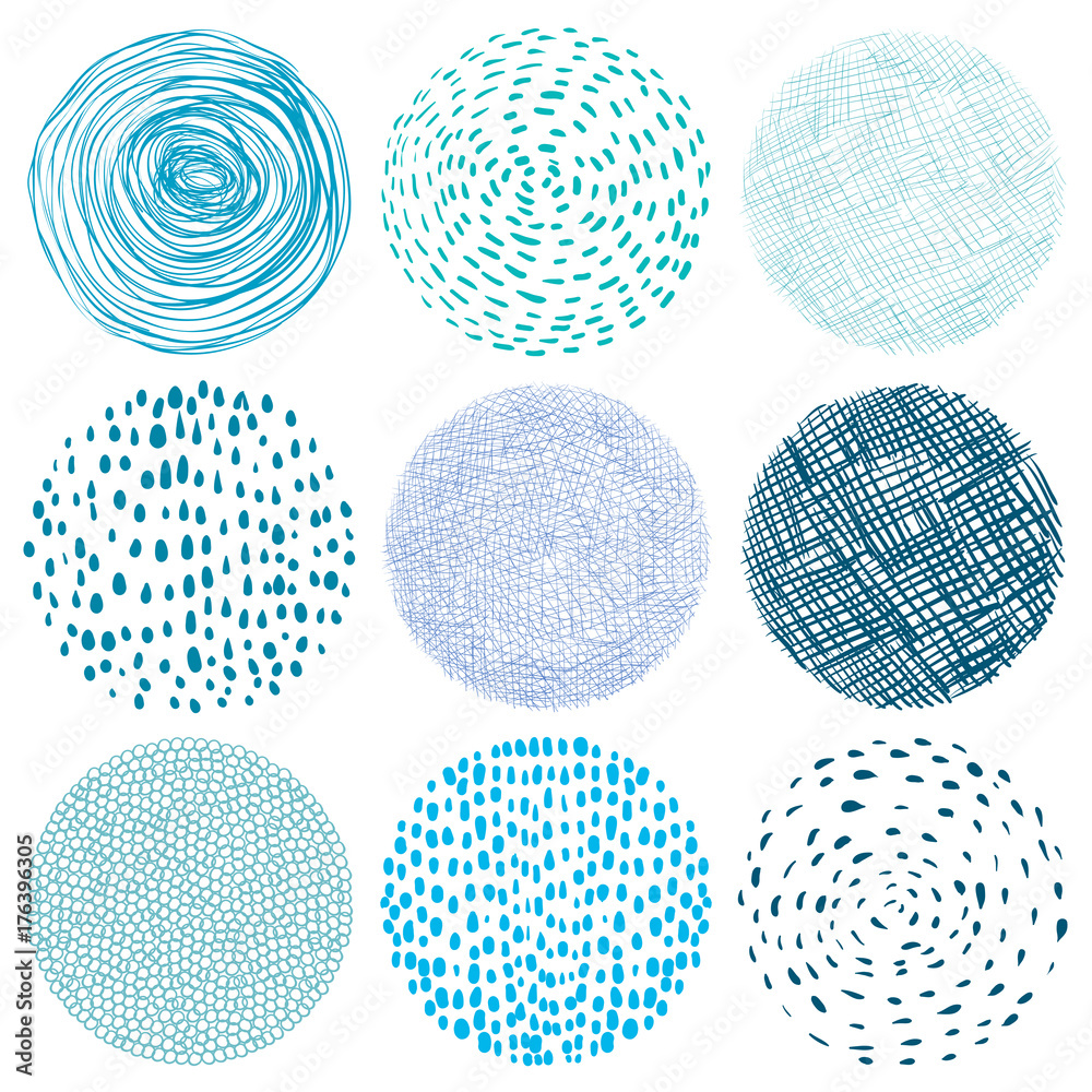 Fototapete Round texture elements with scribbles and dots in blue colors - graphic design elements
