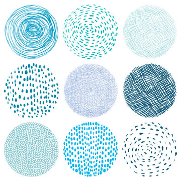 Round texture elements with scribbles and dots in blue colors - graphic design elements