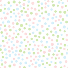 Seamless pattern with round dots. Pink, blue, green circles scattered on white background. Drawn by hand.