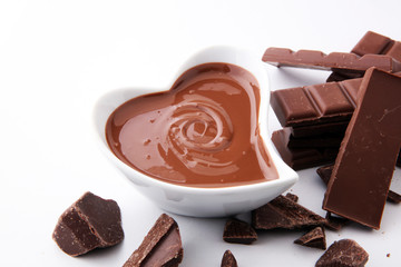 Melting chocolate or melted chocolate and chocolate swirl. stack and powder.