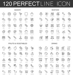 120 modern thin line icons set of bakery, seafood, fruits and vegetables, drinks.
