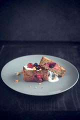 Sweet toast sandwiches with berries in sauce,selective focus and blank space