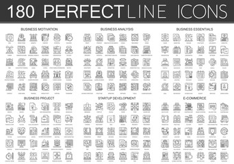 180 outline mini concept icons symbols of business motivation, business analysis, business essentials, business project, startup development, e commerce icon