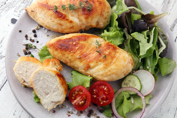 Grilled Chicken Breast with Salad and cherry tomatoes.