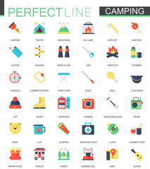 Vector set of flat Camping Hiking icons.