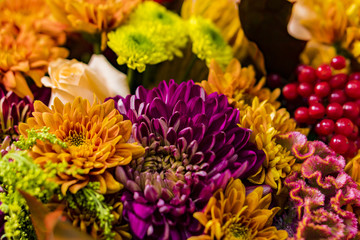 Bouquet from various colors with peony, huge, rosy, still, garden, berries, currants