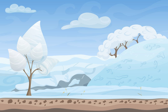 Beautiful winter game style flat landscape background. Christmas forest woods with hills and mountains.