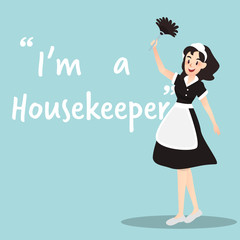 Housekeeper character with broom on sky blue background