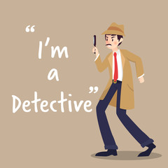 Detective character with magnify glass on brown background